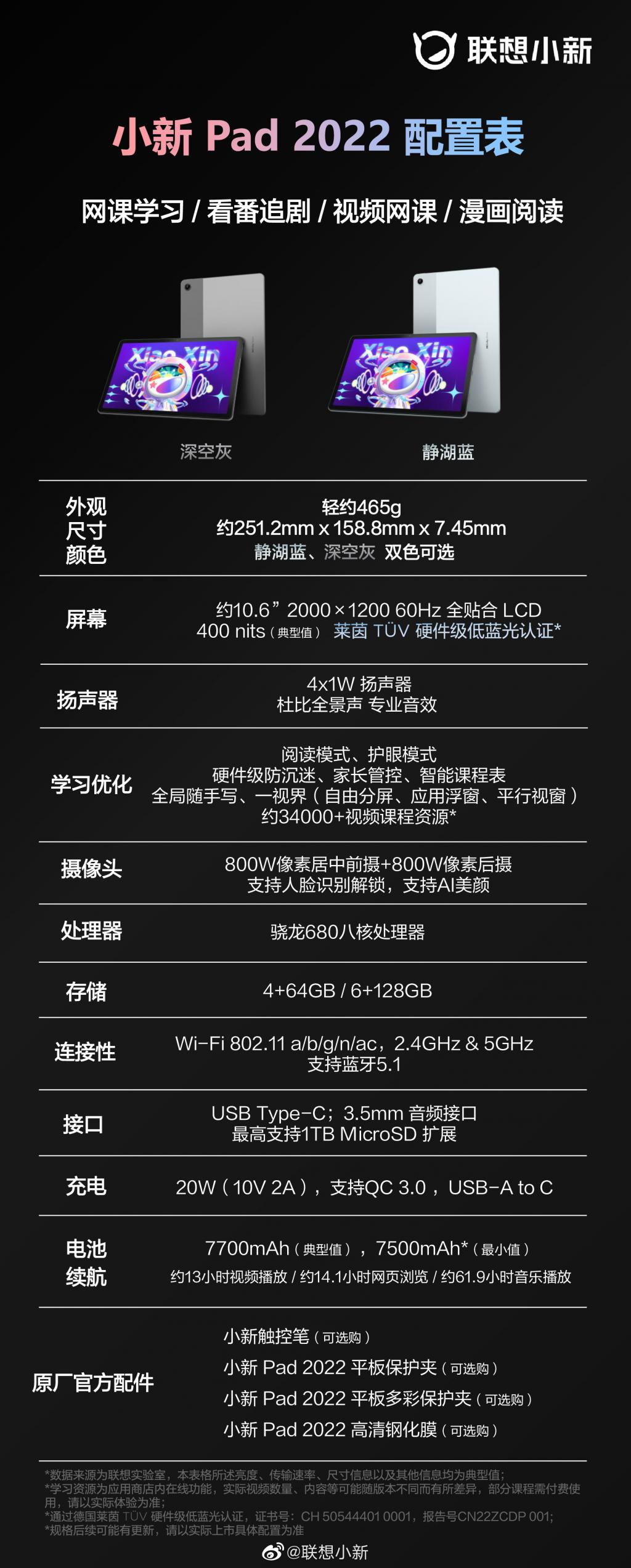 联想小新pad2022配置公布搭载高通骁龙680莱茵低蓝光护眼屏
